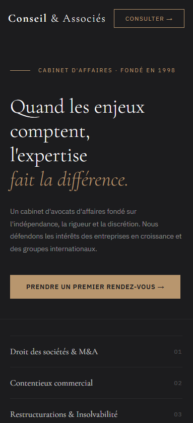 Vue mobile Étude de Cas : Cabinet d'Avocats